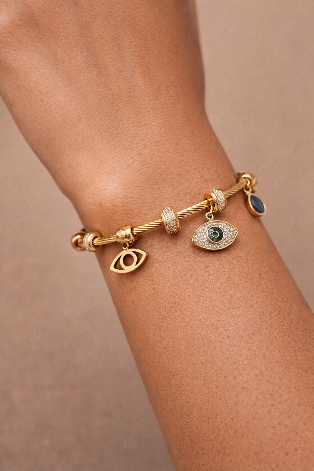 Evil eye bracelet with charms stainless steel gold plated
